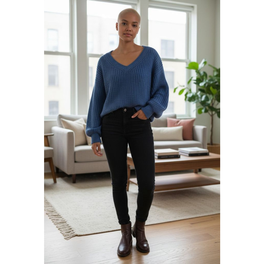 H&M Classic Boxy Knit Roll Hem Sweater in Blue